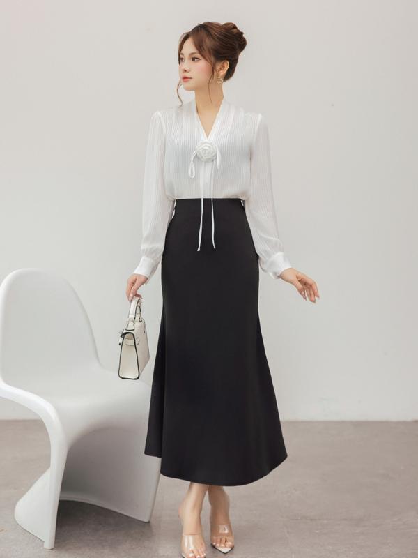  Chân váy nữ dáng đuôi cá dài eo cao màu đen và kem thanh lịch sang trọng YAME YCV597 