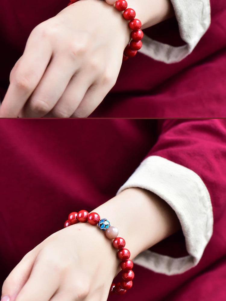 Product Introduction of Genuine Goods Cinnabar Real Cloisonne Design Ancient Style Lotus Collection Bracelet Good-Looking Non-Mainstream Style Couple Lucky 19