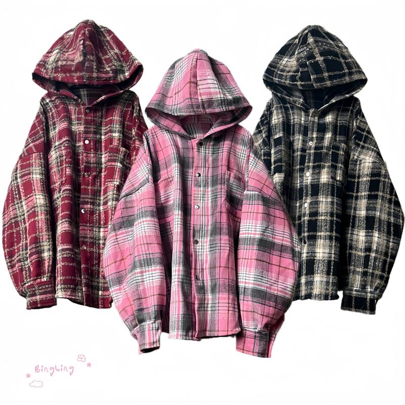 BingBing - Áo Hoodie Sơ Mi Shirt Menswear Hồng/Đen/Đỏ Flannel Nam Nữ Caro Phối Màu Oversize