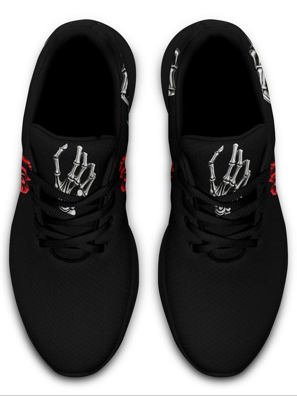 Women's Rose Skull Hand Bone Print Low Top Sneakers, Sports Running Shoes, Slip Resistant, Shock Absorbing, Breathable, Available in Large Size 8