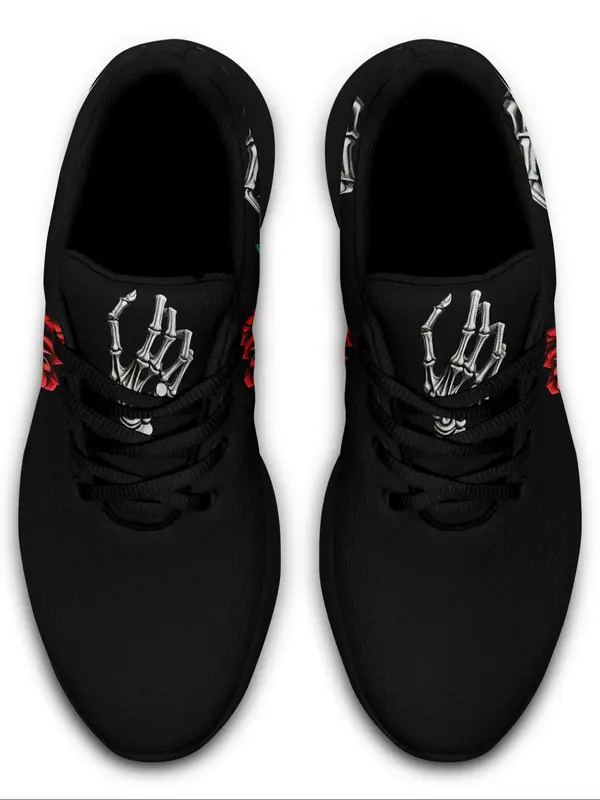 Women's Rose Skull Hand Bone Print Low Top Sneakers, Sports Running Shoes, Slip Resistant, Shock Absorbing, Breathable, Available in Large Size 7