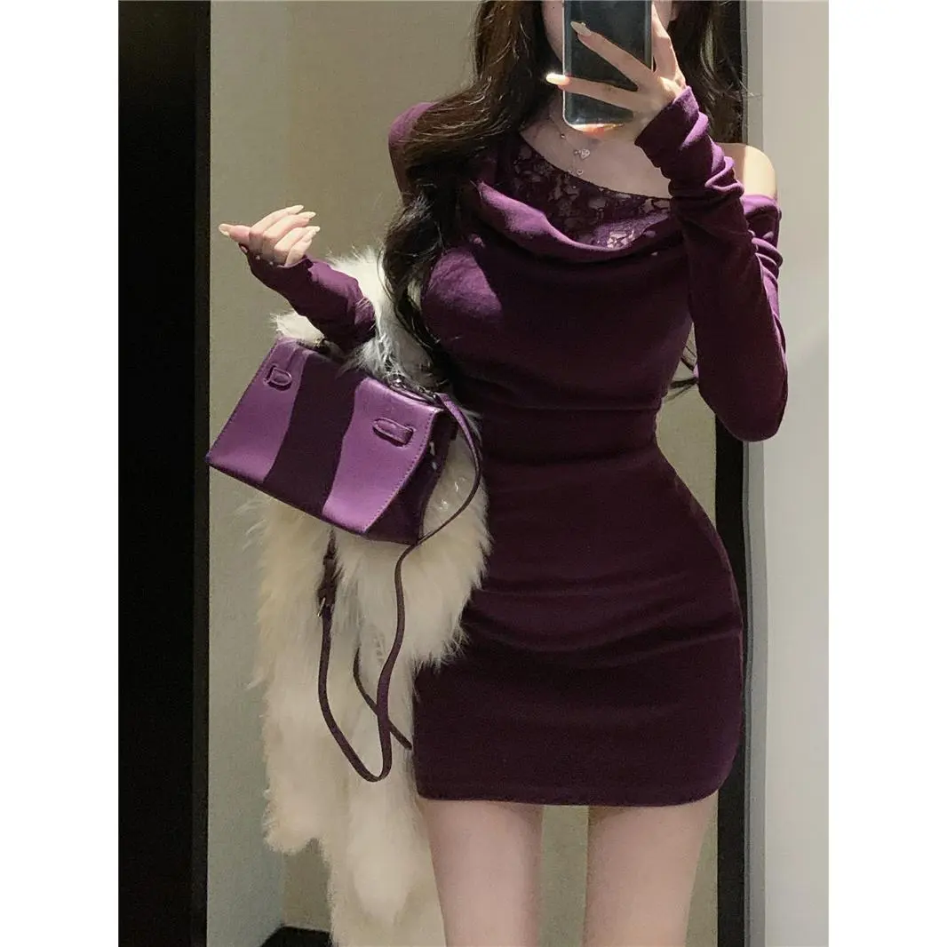 Lace Patchwork Off-Shoulder Long Sleeve Dress for Women, Autumn and Winter  Slim Fit Pure Desire Bodycon Short Dress, Purple Waist-Cinching Tight Dress  - TikTok Shop Philippines