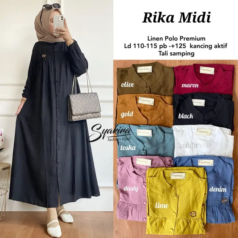 Rika Midi Dress Size XL Ld 110cm XXL LD 130cm Gamis Polos Wanita Bahan Polo Linen Busui Kancing Aktif Karet Muslim Rayon Dewasa Katun Panjang Lembut Nyaman Formal Kain Variasi