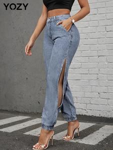 YOZY Women's Plain Cut Out Pocket Denim-Effect Print Pants, Casual  Zipper Fly Denim-effect Print Jogger Trousers for Daily Wear, Ladies Bottoms for All Seasons