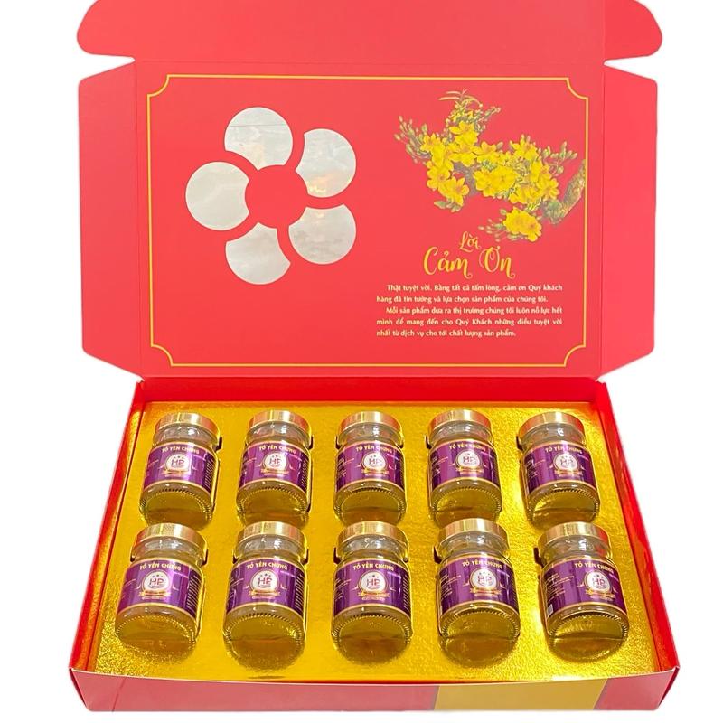 Hộp quà biếu 10 hũ yến chưng đông trùng hạ thảo loại 70ml 50% Yến tươi ( được mix vị theo ghi chú) + bao gồm 10 hũ yến sào, Hộp quà và túi xách sang trọng.