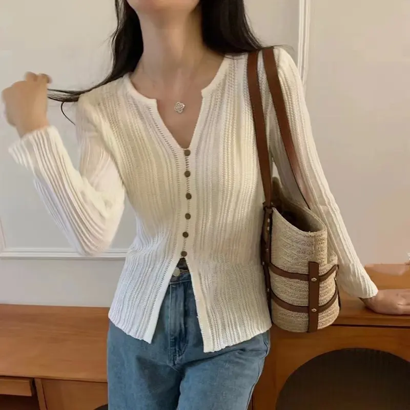 Simple Style V-neck Long Sleeves Thin Split Design Knit Shirt