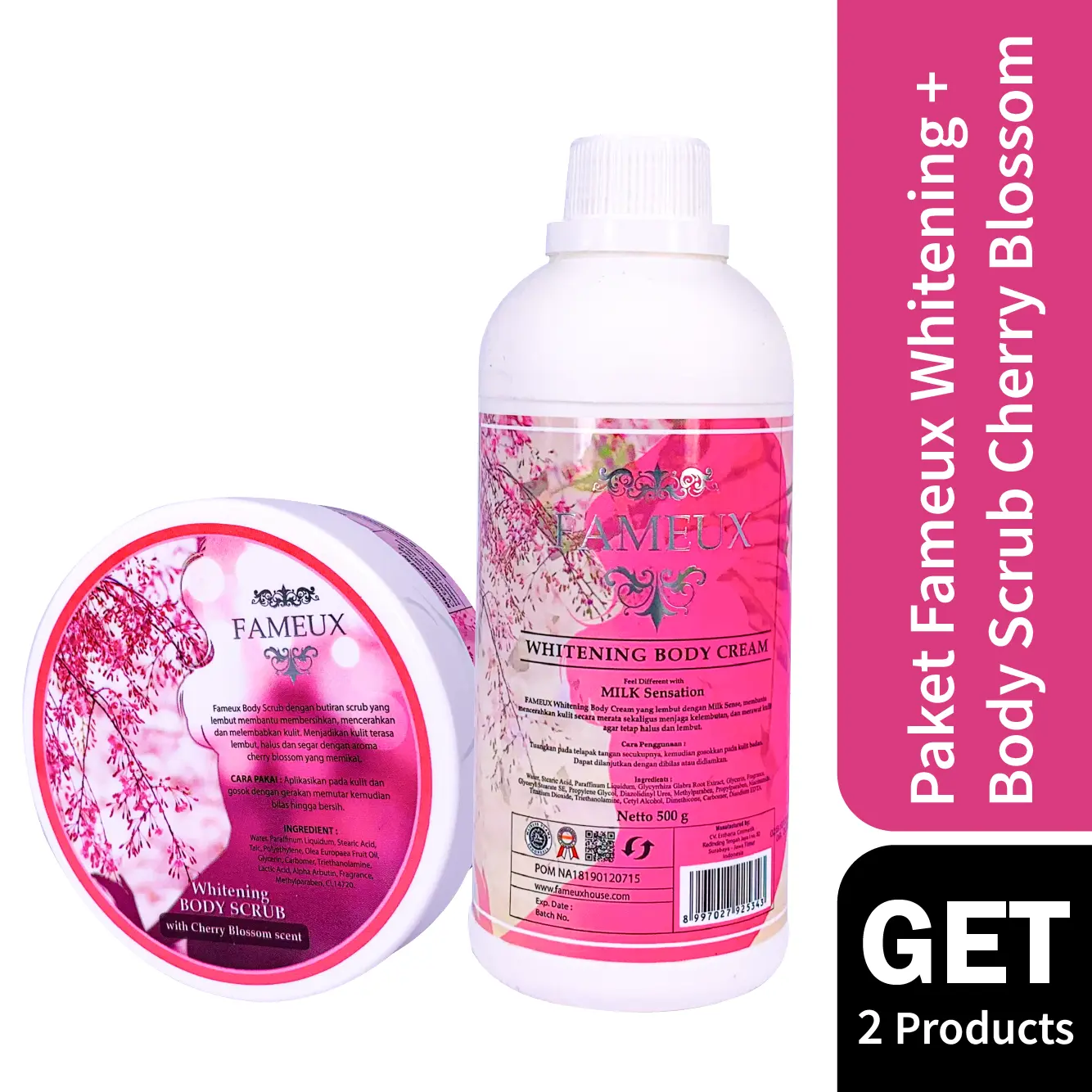 Fameux Paket Body Cream + Body Scrub Cherry Blossom H Mencerahkan Melembutkan