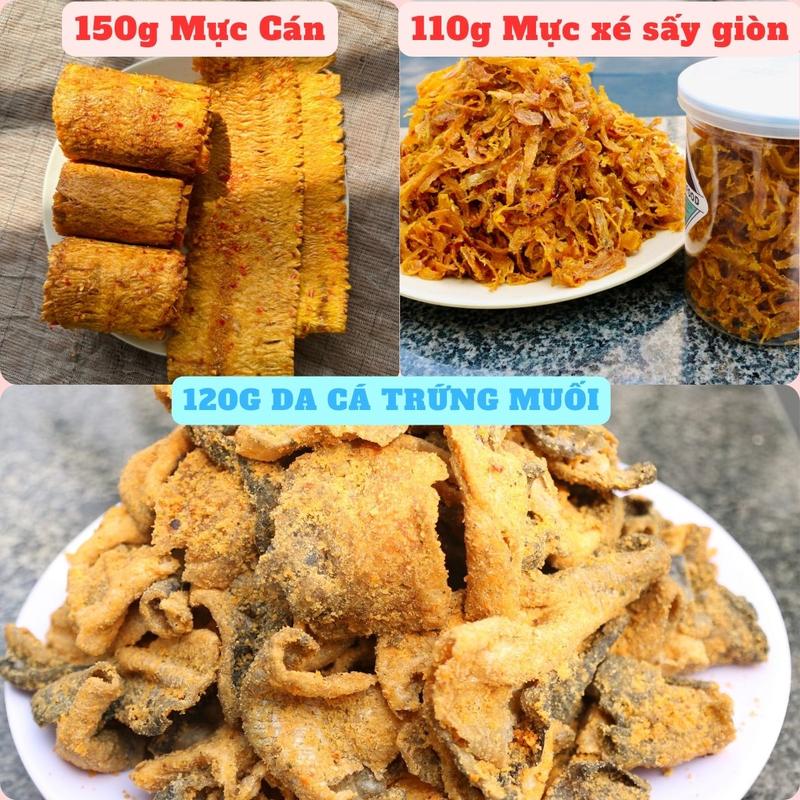 Combo Bộ Ba Gồm 150g khô mực cán tẩm, 120g khô da cá trứng muối, 110g khô mực xé sợi chiên giòn ShumaFood snack ăn vặt