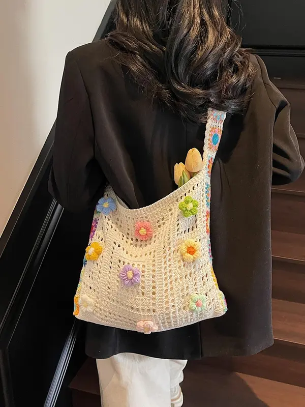 Women's Fashionable Ethnic Style Handbag, Large Capacity Shoulder Bag with Hollow-Out Knitted Design, Casual and Fashionable Crossbody Bag for Women 7