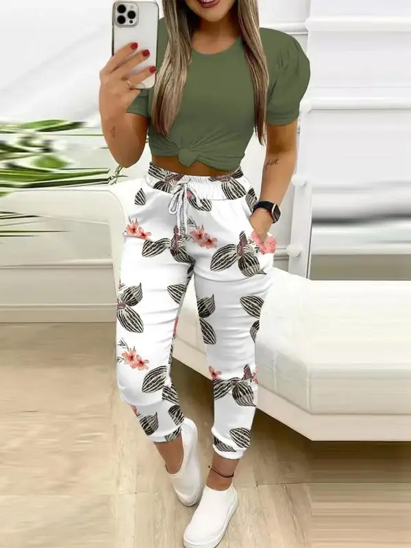 Women's Top & Floral Print Pants Two-piece Set, Casual Fashion Fitted Cozy Top & Trousers for Daily Outdoor Wear, Ladies Summer Clothes, Womenswear, Casual Loungewear Set, Casual Outfits Women 0