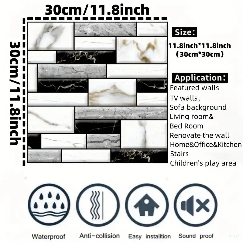3D Retro Simulation Marble Brick Pattern Wall Sticker, Imitation Tile Self-adhesive Wall Sticker, Waterproof Living Room Kitchen Backsplash Bathroom Home Wall Sticker 1