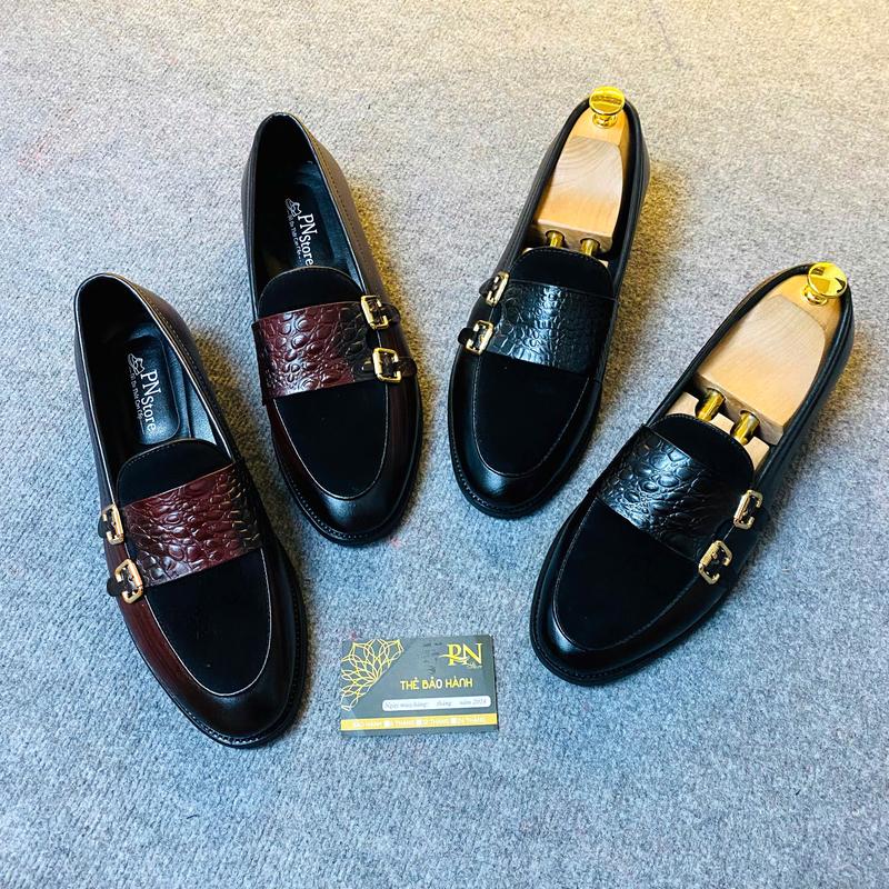 Giày Double MonTrap da bò lộn, đế gỗ, đánh vân Patina