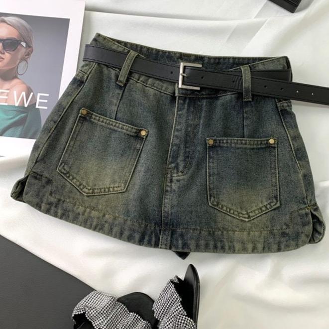 Chân váy jean ngắn SARAMIA váy bò chữ A lưng cao có quần bảo hộ cho nữ y2k tôn dáng A15
