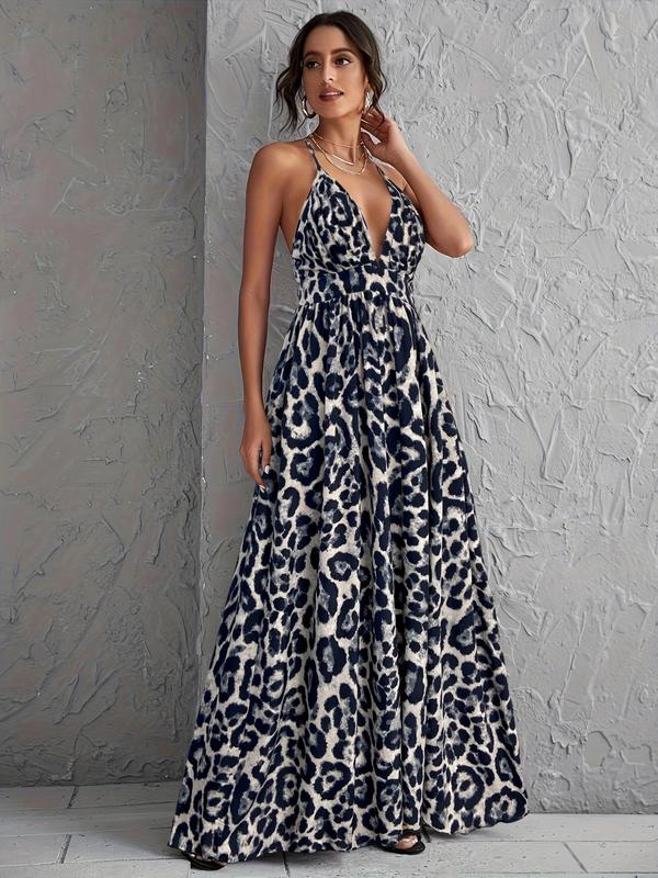 Women's Leopard Print Backless Dress, Fashion Casual Sleeveless Dress for Daily Outdoor Wear, Women Dress for Summer 1