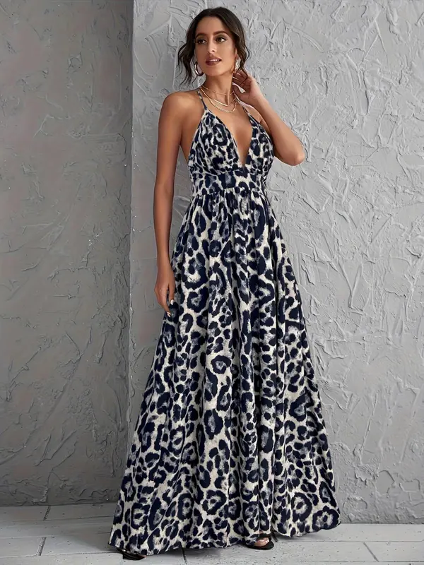 Women's Leopard Print Backless Dress, Fashion Casual Sleeveless Dress for Daily Outdoor Wear, Women Dress for Summer 1