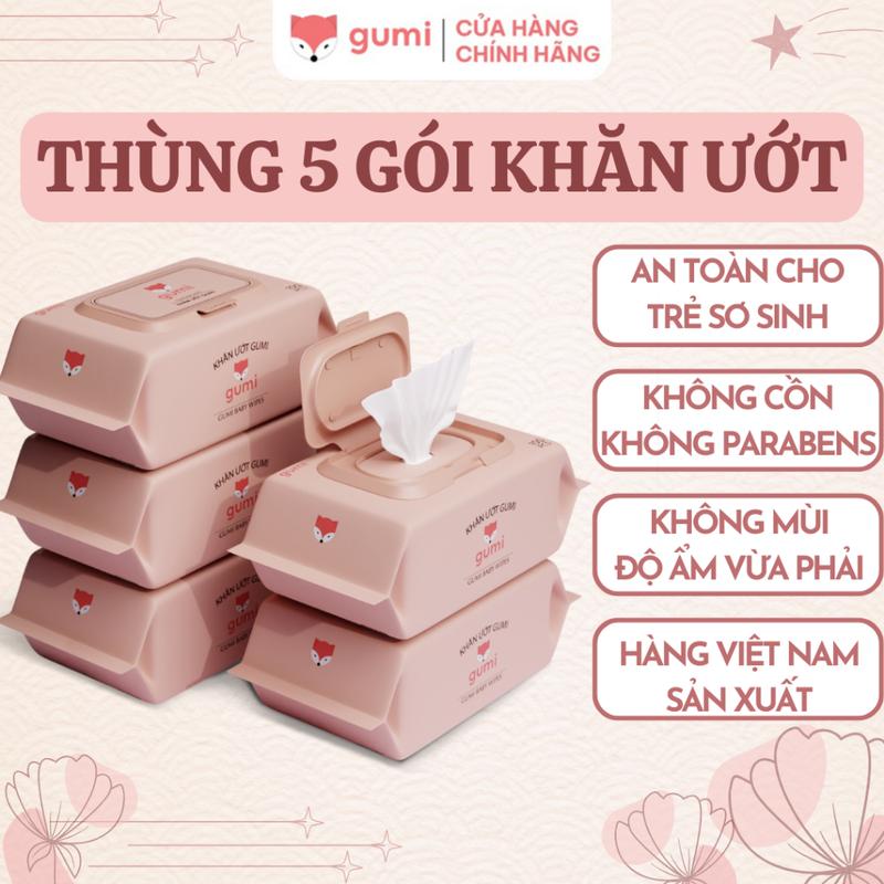 (GU) Khăn ướt Gumi Bộ 5 gói không cồn không parabens cao cấp dành cho em bé Kem Voi unisex việt nam