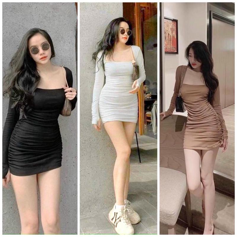 Váy body - Đầm body nữ dài tay cổ vuông nhún sườn  chất đẹp 0