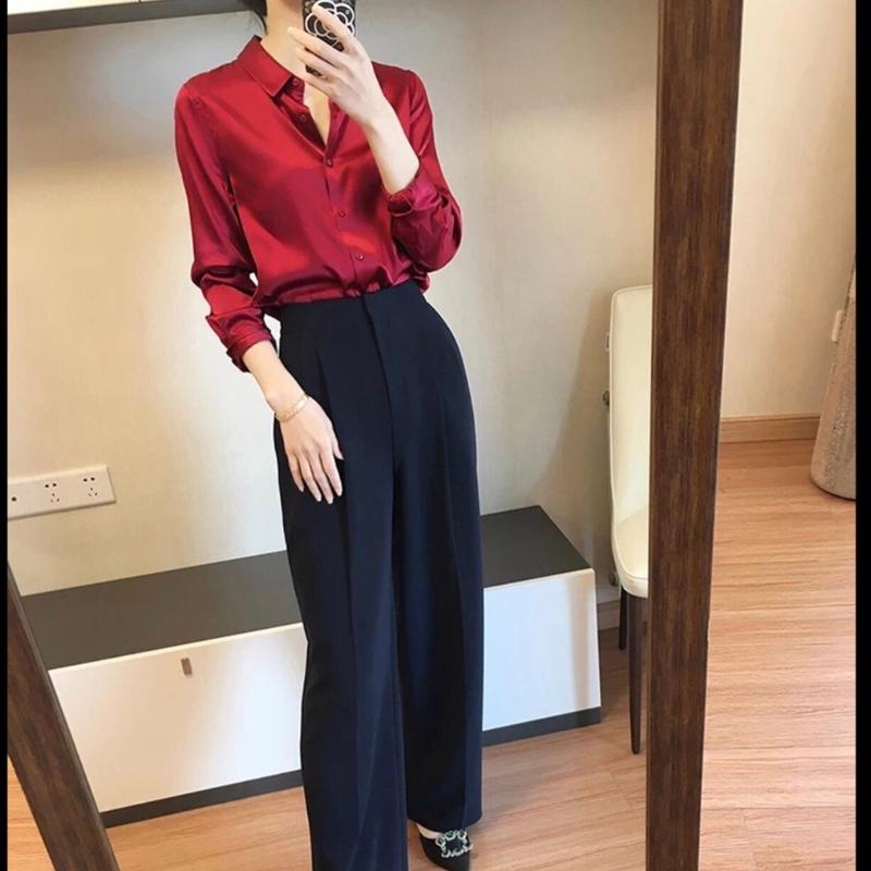 Three M 2520 Atasan kemeja blouse adella pain shirt import original terbaru new terlaris satin nyam murah sexy Katun Bunga Polos Slim-fitting 8