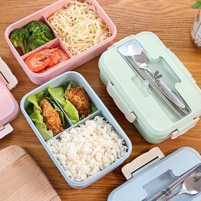 Hộp Đựng Cơm Lúa Mạch 3 Ngăn Văn Phòng Tặng Thìa Và Đũa
