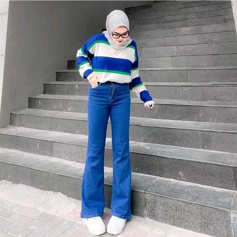 celana cutbray jeans haighwaist wanita murah Slim-fitting Polos Santai Panjang Stretch Street Style Pas 4