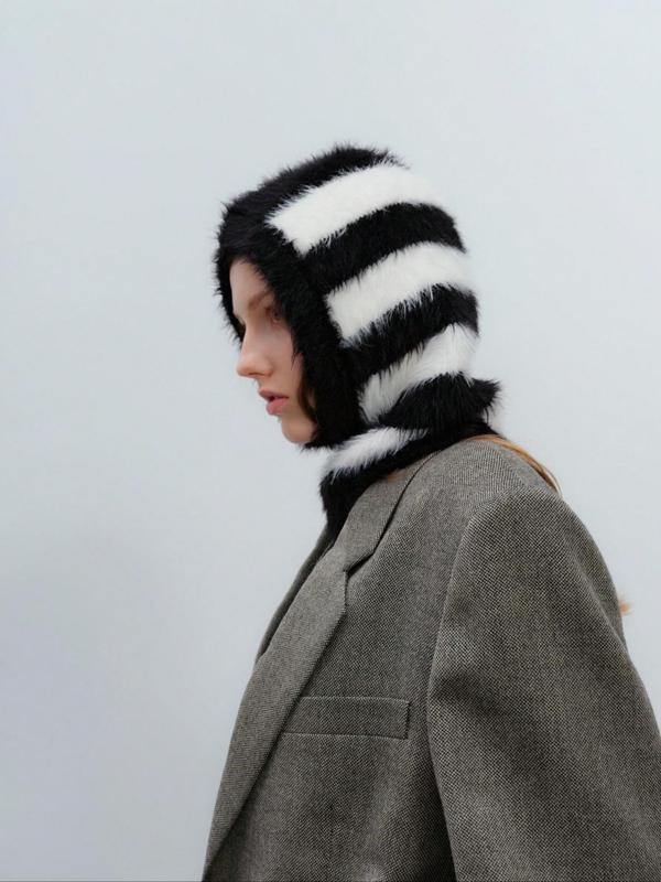 Unisex Striped Pattern Faux Fur Lined Balaclava Hat, Casual Windproof Warm Knit Hat for Fall & Winter, Fashion Accessories for Outdoor Commuting 0
