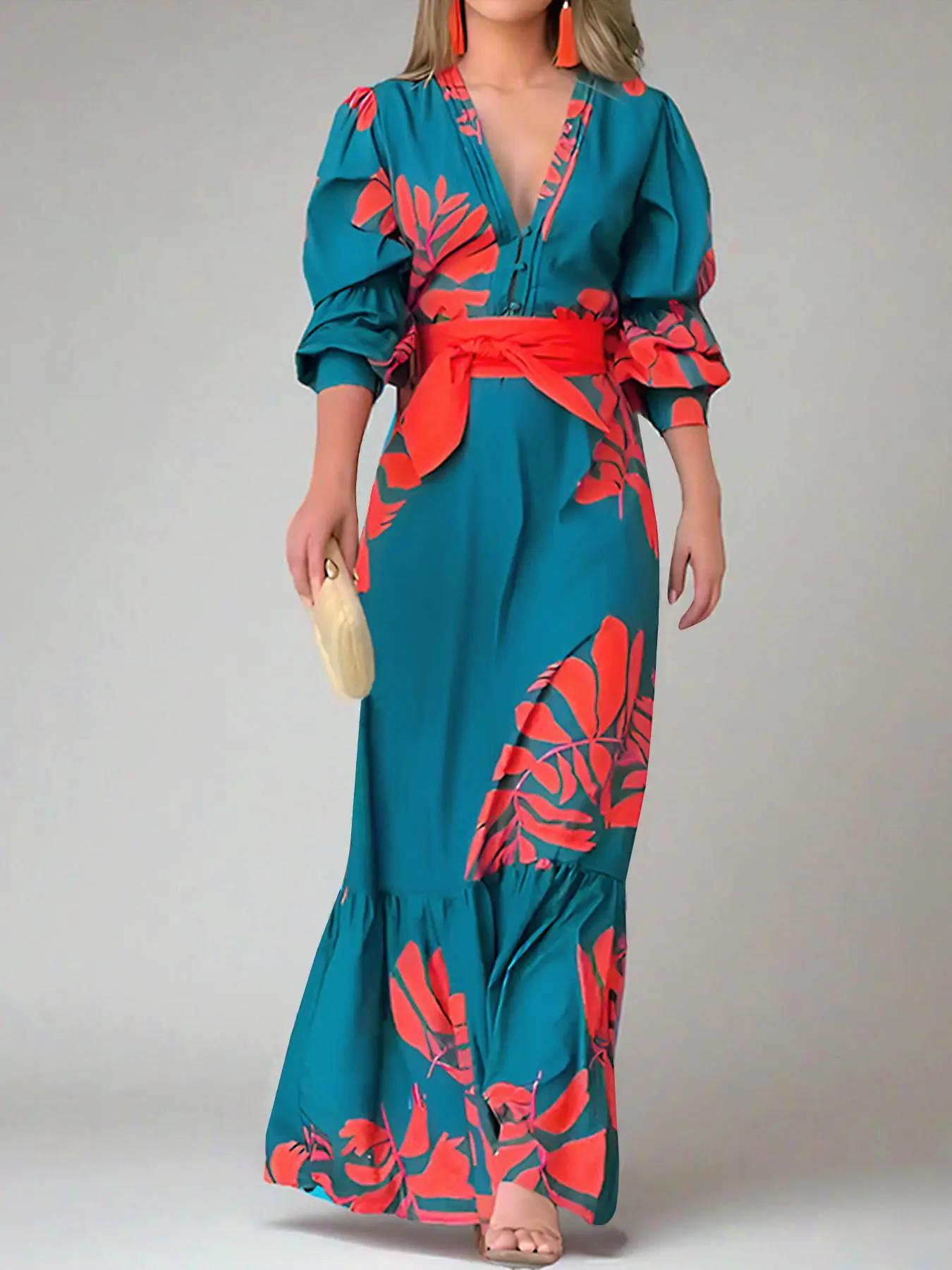 Women's Leaf Print Belted Ruffle Hem Shirred Dress, Elegant Deep V Neck A Line Dress for Vacation Holiday Wedding Guest, Ladies Clothes for All Seasons, Womenswear