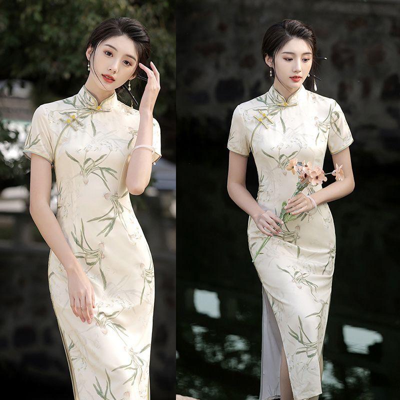 Sườn Xám Trung Quốc Mới, Phong Cách Nữ Mùa Hè Hàng Ngày, Loại Dài Sửa Đổi, Thanh Lịch Cao Cấp, Làm Bằng Satin, Thích Hợp Cho Người Trẻ, Phong Cách Quốc Gia, Hàng Mới Về Năm 2024 0