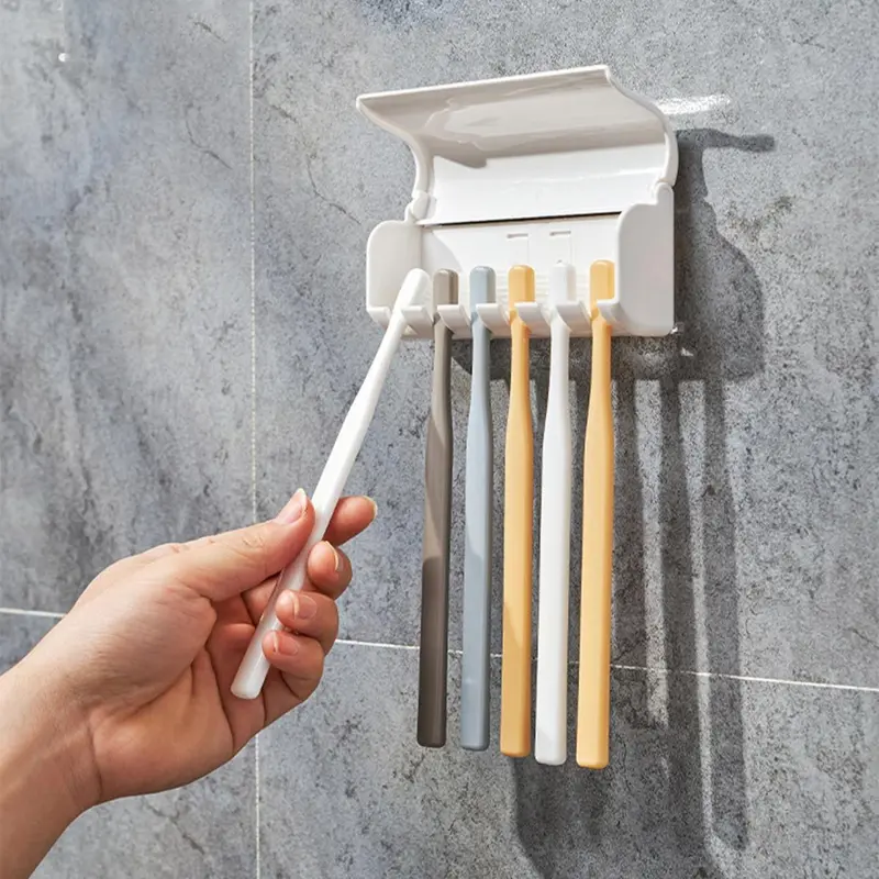 1 Piece Wall Mounted Toothbrush Holder, Punch-free Plastic Toothbrush Storage Rack With Cover For Bathroom 3