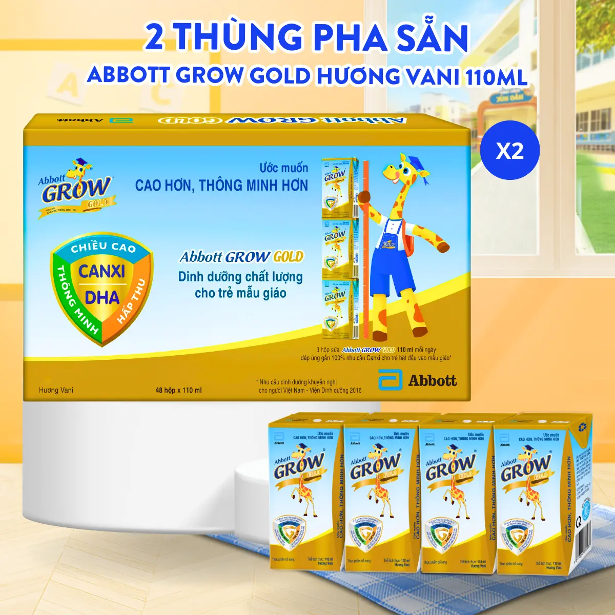[NO GIFT] Combo 2 thùng Sữa hộp pha sẵn Abbott Grow Gold 110ml/ hộp hương vani