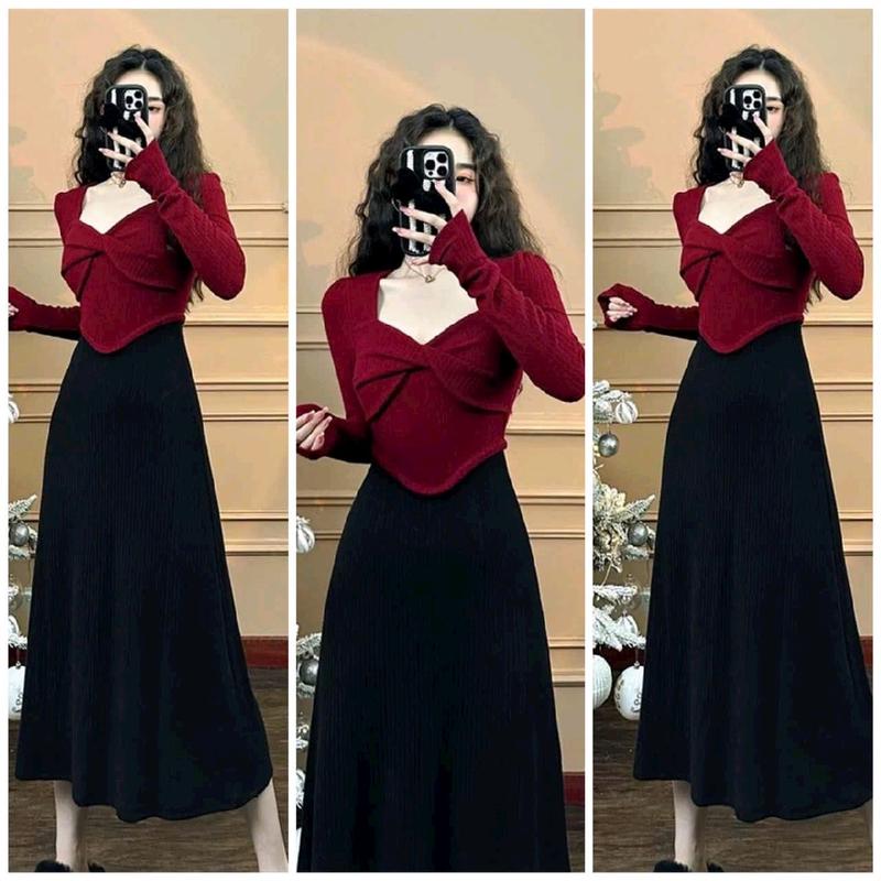 Set Áo Tay Dài Vạt Bầu Cổ Vuông Xoắn Nơ Và Chân Váy Xòe - Dài Maxi Ôm Body set thường set bộ nữ Women Thun set đồ quanaodep