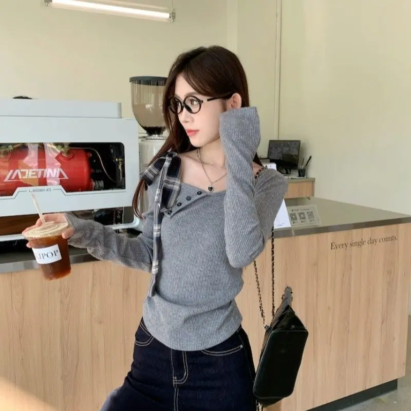 Áo Thun Áo Len Trễ Vai Nơ Mới Bất Đối Xứng Màu Xám, Dáng Ôm, Dài Tay, Thích Hợp Cho Mùa Thu Và Mùa Đông, Áo Mặc Trong, Cô Gái Nóng Bỏng, Bán Chạy Women Top