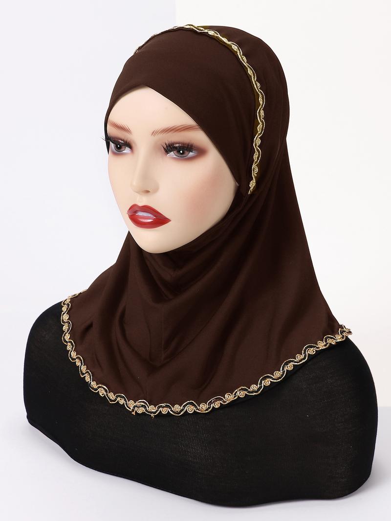 Product Introduction of Bottoming Hood Solid Color Gold Silk Lace Wrapped Chin Convenient Headscarf 9