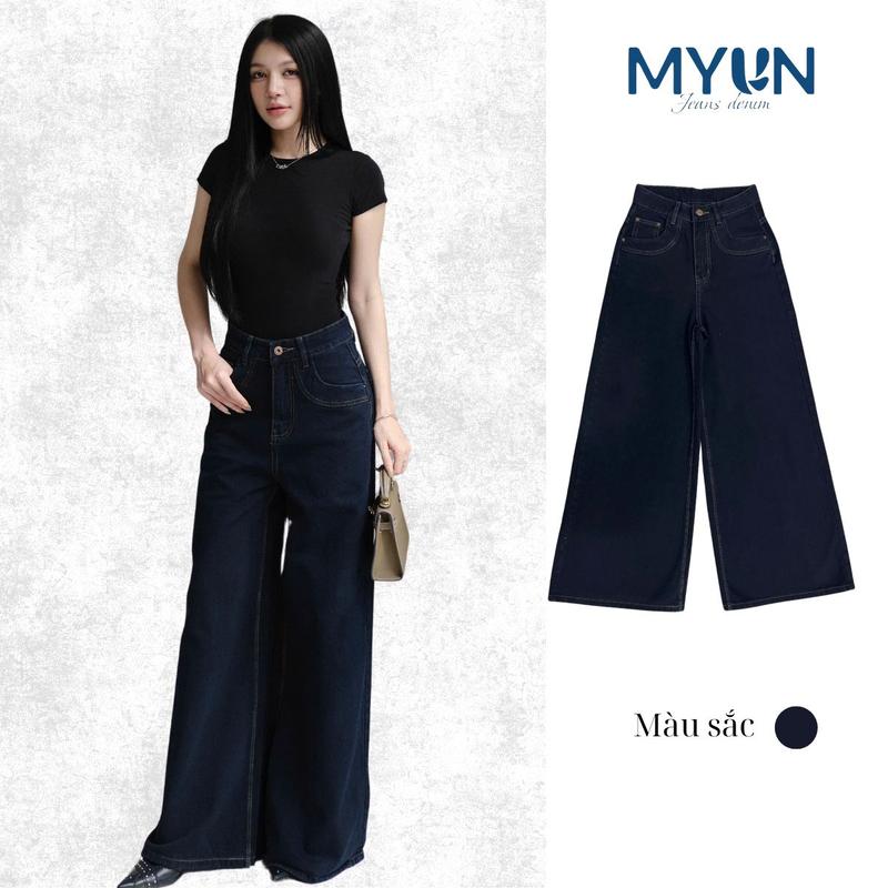 MYUN - Quần Jean nữ rộng loe túi kiểu, ống rộng 34cm, hack dáng cạp cao, quần bò ống loe xanh đen, vải cotton JL0002- Women pants