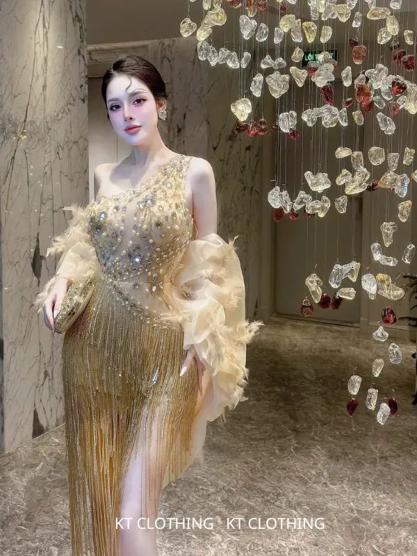 Đầm Dự Tiệc Chéo Vai Đính Đá – KT CLOTHING | Thiết Kế Sang Trọng, Kèm Choàng Lưới Quyến Rũ 1
