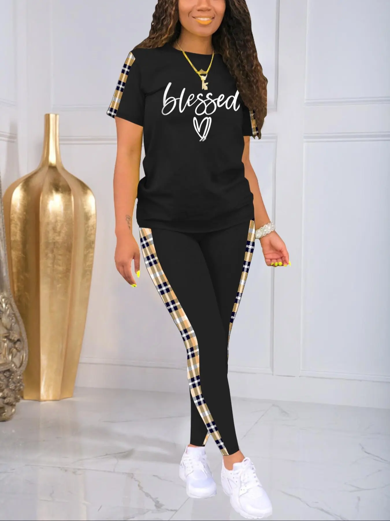 Two-piece Set Women's Letter Print Top & Plaid Print Pants Set, Casual Round Neck Short Sleeve Top &   Pants, Ladies Summer Clothes, Womenswear