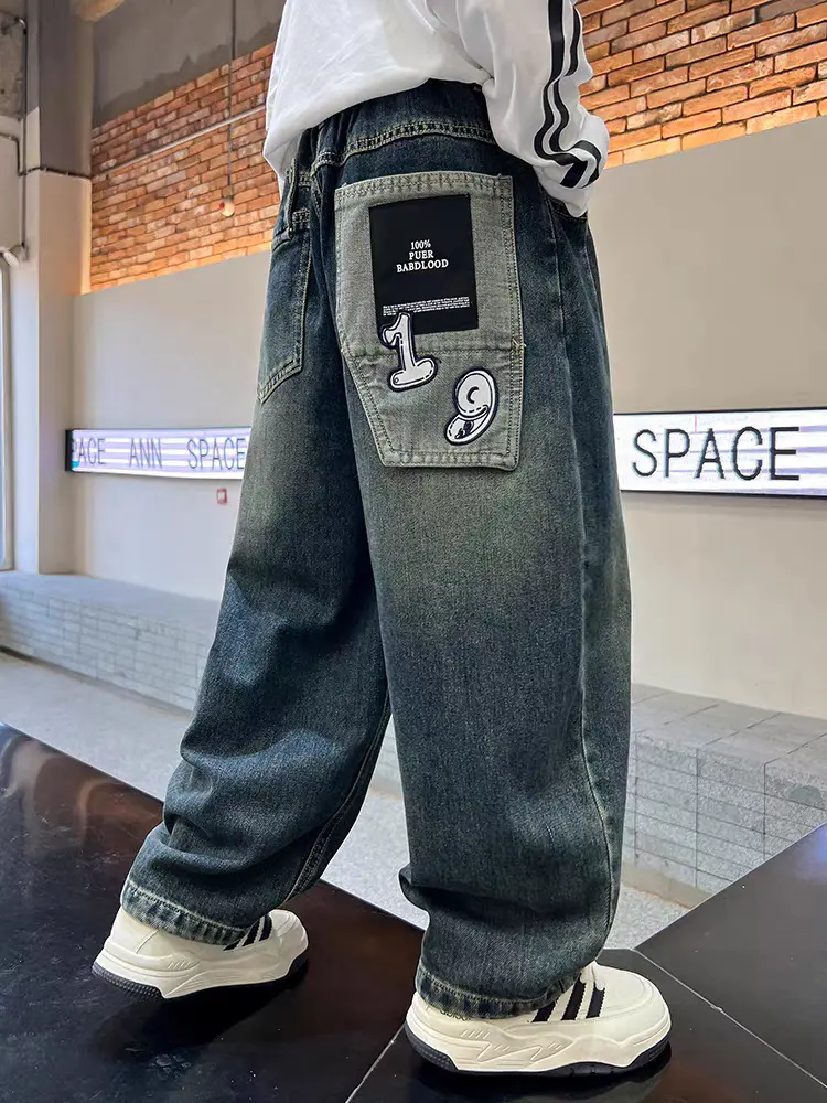 Quần Jean Xuông Hiphop S19 PUSH ABC Hoạ Tiết Sau Túi Cho Bé - Dòng Sản Phẩm Mới Nhất Đen/Xanh Sz10-15 bò boy phố trẻ em