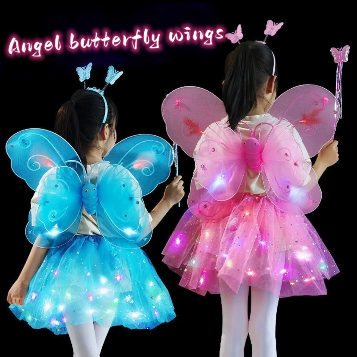 4Pcs/Set Glowing Princess Kids Birthday Set Angel Fairy Butterfly Glowing Wings Halloween Costume