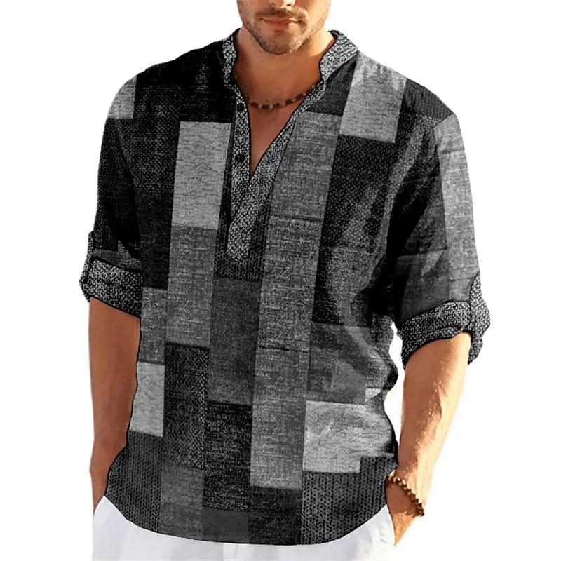 Product Introduction of Men's Spring and Summer Retro Fashion 3D Printed Color blocked Grid Pattern Henley Collar Long Sleeve Shirt Top 7