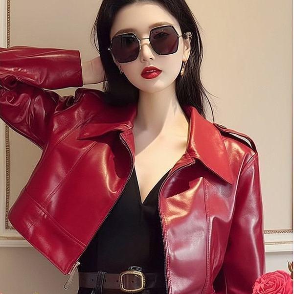 Áo khoác da màu đỏ, dành cho phụ nữ, Encola, phong cách mới năm 2024Áo, Phổ Biến Trong Năm Nay, Siêu Đẹp, Hàng Đầu Women Top