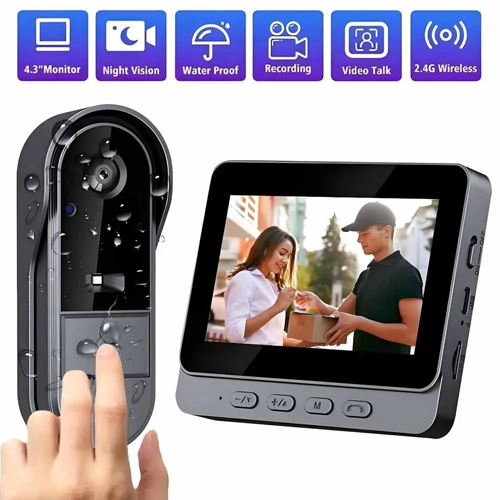 2.4G WiFi Smart Wireless Camera Doorbell, 4.3 Inch 1080P HD Display Doorbell with 170° View Angle & Night Vision Function, Two-way Voice Doorbell for Home Monitoring