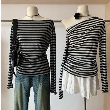  Áo trễ vai kẻ ngang dúm eo chất cotton dày 3 màu peonyb - Thun dài tay nữ kiểu lệch vai mặc thu đông kiểu dáng bánh bèo tiểu thư hotgirl hàn quốc đẹp 