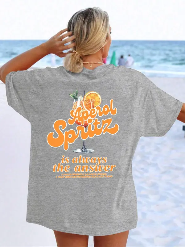 Women's Letter Graphic Round Neck Tee, Lady Comfort Graphic Tees Top, Casual Drinks Graphic Drop Shoulder Half Sleeve T-shirt for Summer, Vintage Graphic Tees, Ladies Clothes for Daily Wear, Womenswear 2