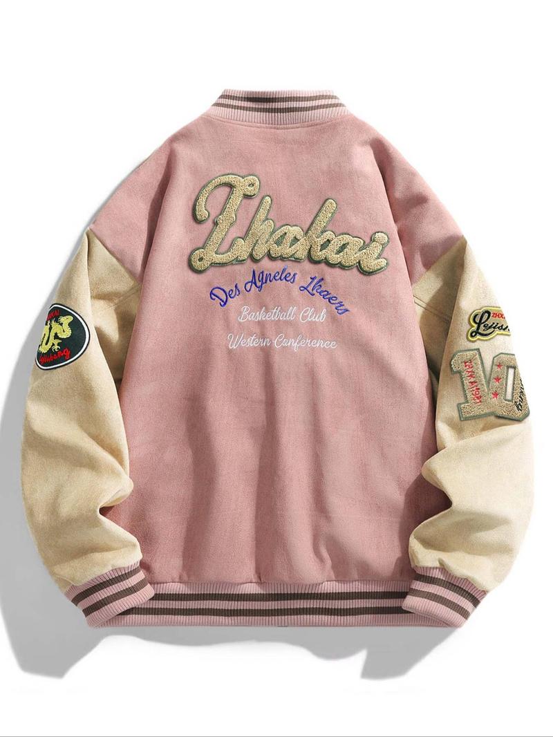 Product Introduction of Men's Letter Embroidery Pocket Baseball Jacket, Casual Drop Shoulder Long Sleeve Button Front Outerwear for Fall & Winter, Men's Clothes for Daily Wear 6