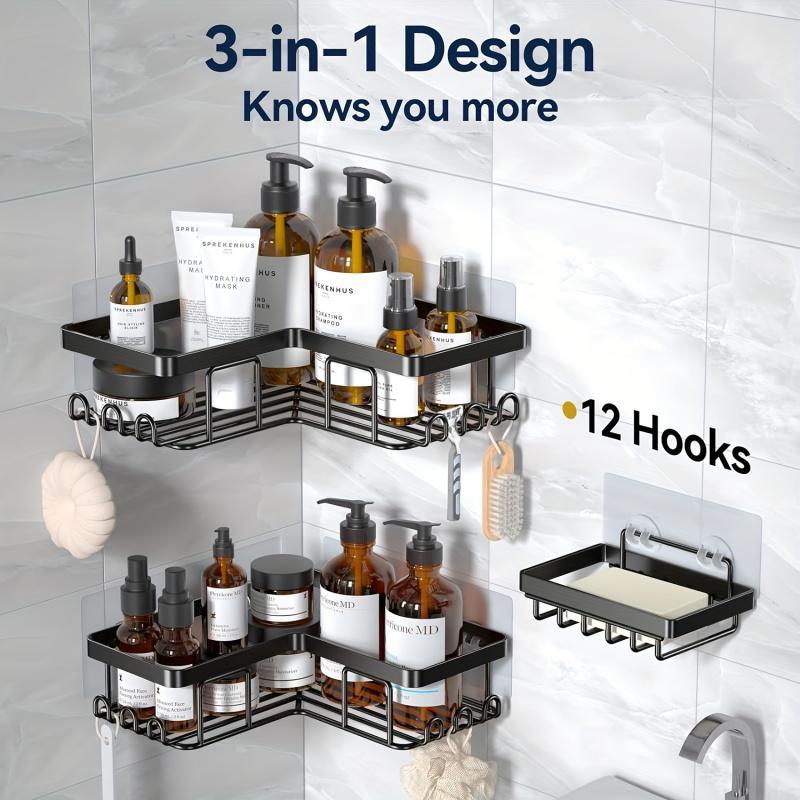 Product Introduction of Bathroom Corner Shelf, 3pcs/set Wall Mounted Corner Storage Rack with Hooks, Bathroom Storage Rack, Bathroom Organizer, Home Organizer 1