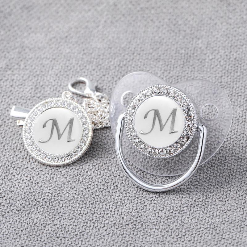 Baby  Pacifier Clips Newborn Luxury Pacifiers Holder Letter Silver Bling Infant Transparent Silicone Nipple 4