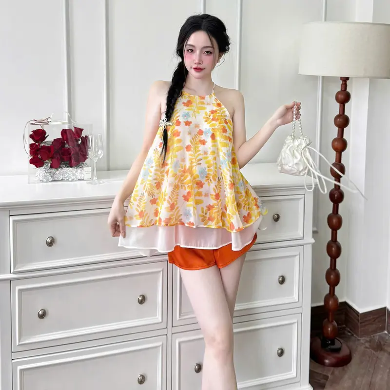 Yếm ngủ áo voan phối tơ 2 lớp, quần lụa latin LADY Đồ ngủ nữ cao cấp mềm mát, nhẹ tênh, mặc lên cực kỳ tôn dáng – xinh nhẹ nhàng mà cuốn 5