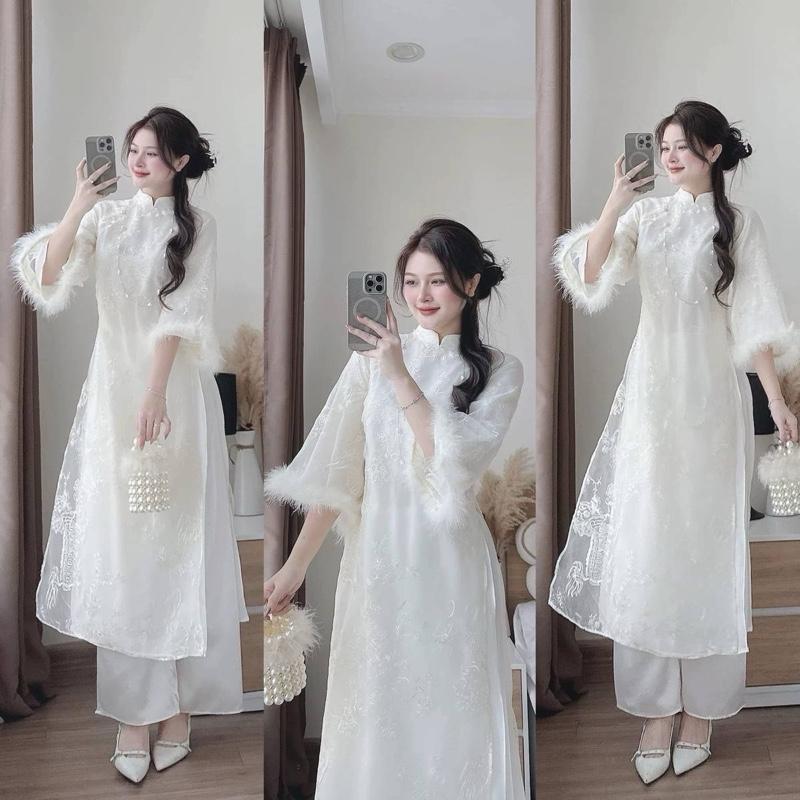  Set áo dài cách tân kỳ lân 2 lớp 4 tà phối tay lông vũ 
