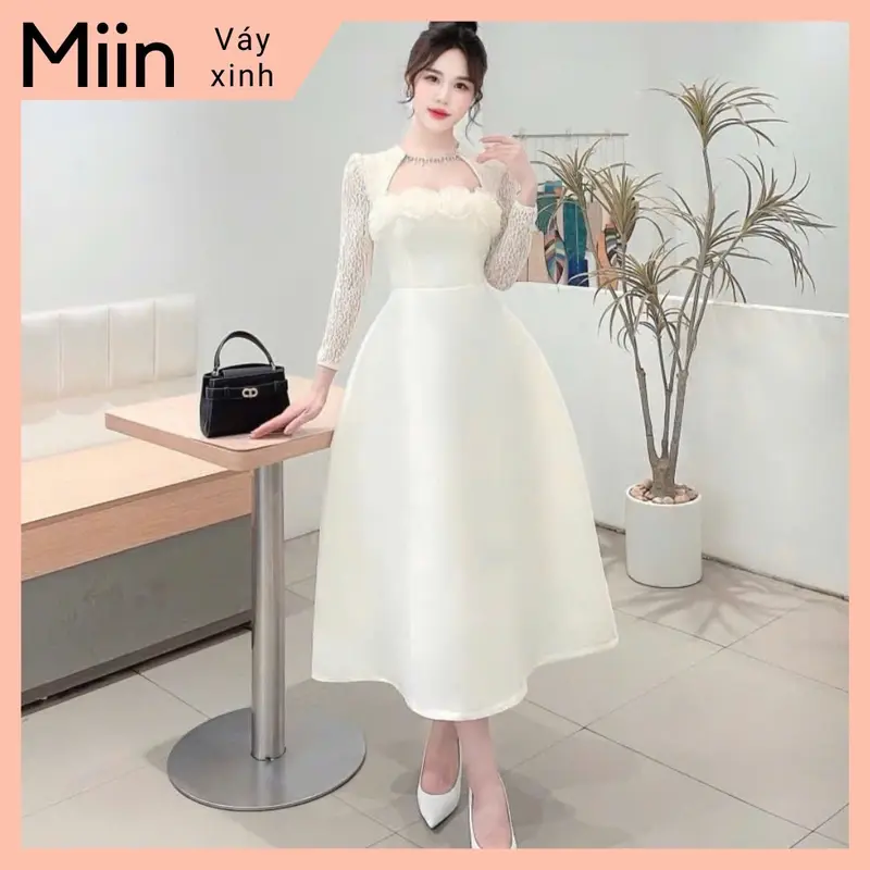Váy tapta tay ren dài cổ đá cuộn hoa 0