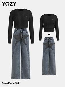 YOZY Women's Sweater & Denim-Effect Print Pants, Fashion Ladies' Clothing for Daily Wear