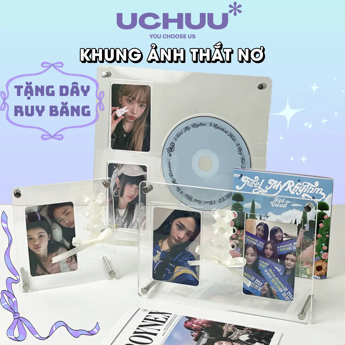 [Tặng Ruy Băng] Khung Ảnh Thắt Nơ Uchuu Khung Ảnh Acrylic Trong Suốt Để Bàn Trưng Bày Photocard Standee Ảnh Polaroid 6x9cm